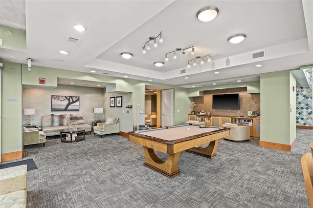 777 N Ashley Dr Unit 2807, Tampa, FL 33602 - rec room with visible vents, pool table, carpet flooring, and a raised ceiling