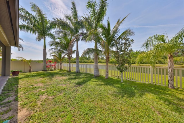 view of yard featuring a water view and a fenced backyard