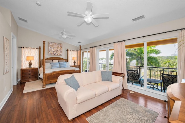 47 W Morgan St, Tarpon Springs, FL 34689 - bedroom featuring visible vents, dark wood-type flooring, vaulted ceiling, and access to exterior