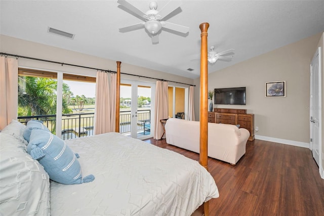 47 W Morgan St, Tarpon Springs, FL 34689 - bedroom with visible vents, dark wood-style flooring, lofted ceiling, access to exterior, and multiple windows