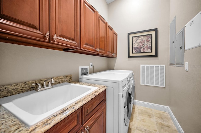 47 W Morgan St, Tarpon Springs, FL 34689 - clothes washing area featuring visible vents, washing machine and dryer, cabinet space, a sink, and baseboards