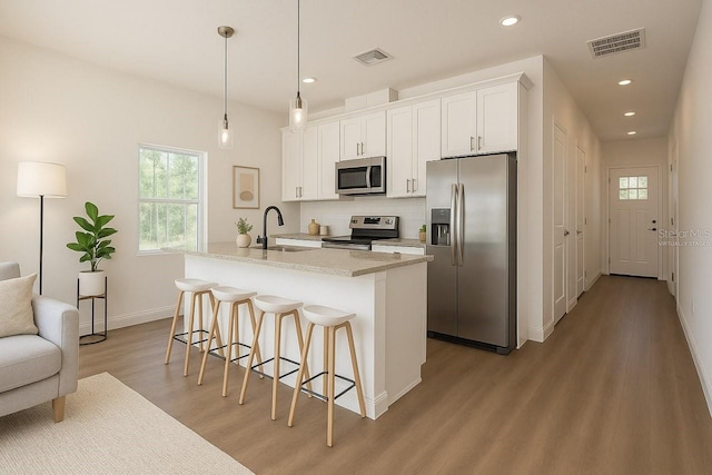 9002 Glenarm Way, Spring Hill, FL 34613 - kitchen with stainless steel appliances, light wood-style floors, a sink, a kitchen bar, and recessed lighting