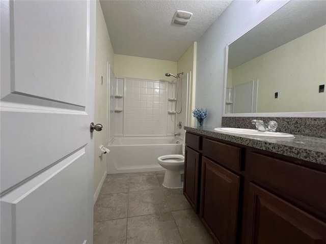 bathroom featuring vanity, tile patterned floors, a textured ceiling, toilet, and  shower combination