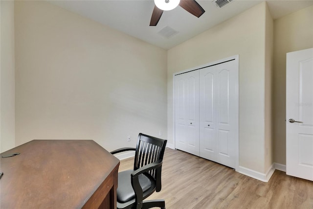18734 Burndall Ct, Land O Lakes, FL 34638 - office space with light wood-type flooring, visible vents, a ceiling fan, and baseboards
