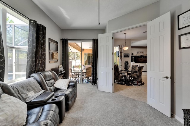 living area featuring plenty of natural light and light carpet