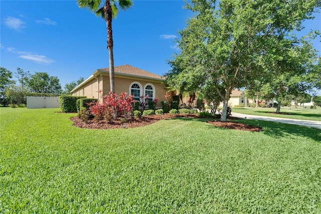 view of front of home featuring driveway, stucco siding, fence, and a front lawn