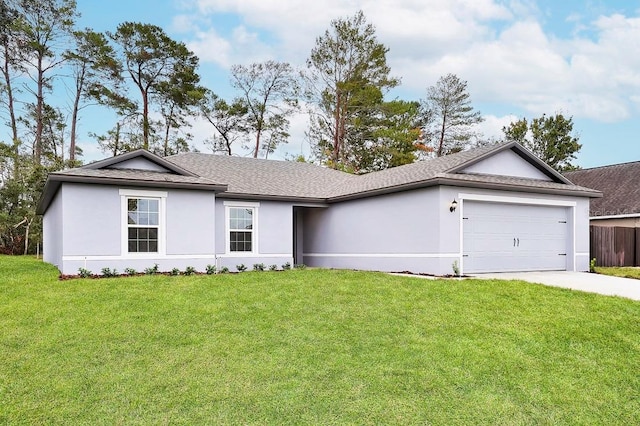 ranch-style house featuring a front yard, an attached garage, stucco siding, and concrete driveway