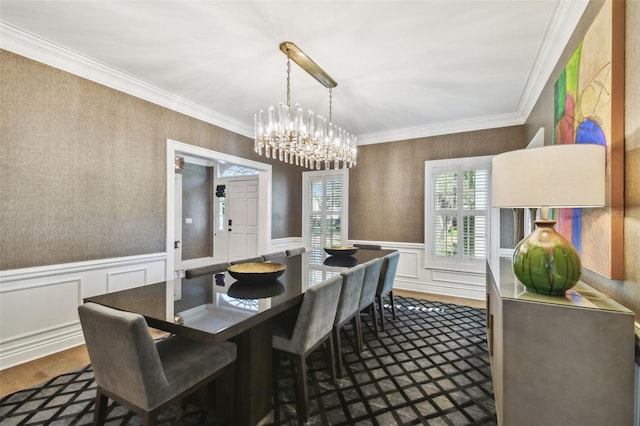 3313 W Mullen Ave, Tampa, FL 33609 - dining room featuring wainscoting, crown molding, wallpapered walls, and a notable chandelier