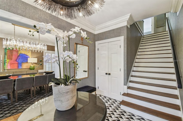 3313 W Mullen Ave, Tampa, FL 33609 - foyer featuring stairs, crown molding, and an inviting chandelier