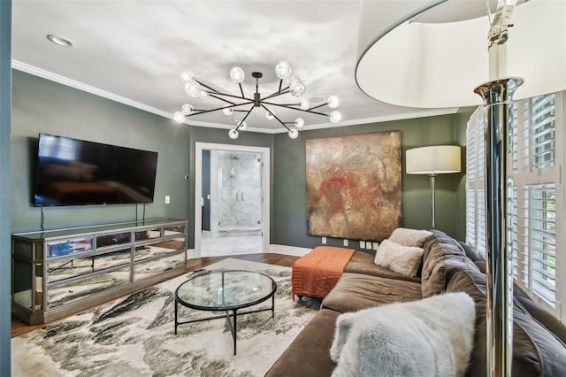 3313 W Mullen Ave, Tampa, FL 33609 - living area with ornamental molding, baseboards, a notable chandelier, and wood finished floors