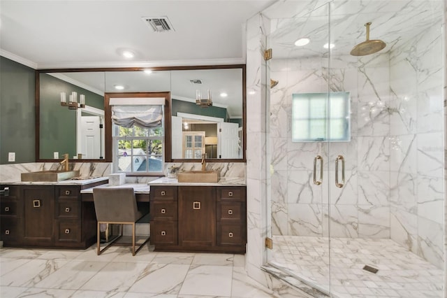 3313 W Mullen Ave, Tampa, FL 33609 - bathroom featuring vanity, a marble finish shower, ornamental molding, marble finish floor, and visible vents
