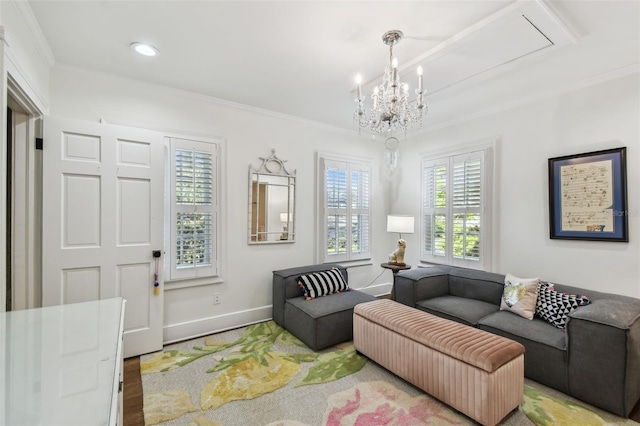 3313 W Mullen Ave, Tampa, FL 33609 - living area with a notable chandelier, crown molding, and baseboards