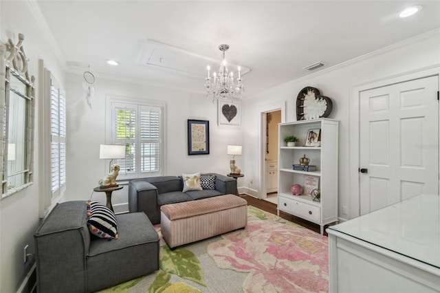 3313 W Mullen Ave, Tampa, FL 33609 - living room with crown molding, visible vents, recessed lighting, and attic access