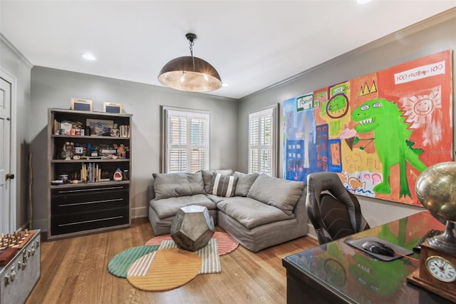 3313 W Mullen Ave, Tampa, FL 33609 - living room with ornamental molding, baseboards, and wood finished floors