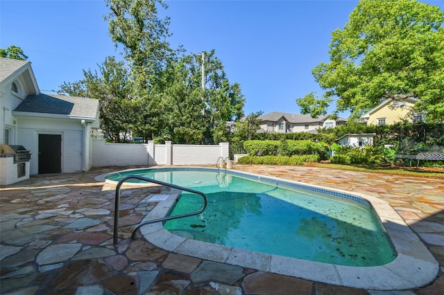 3313 W Mullen Ave, Tampa, FL 33609 - view of swimming pool with a patio area, a fenced in pool, area for grilling, a fenced backyard, and exterior kitchen