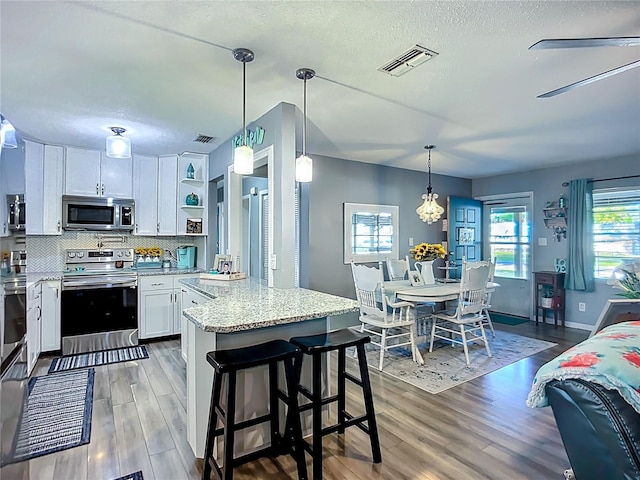 9616 Oak Ridge Ave, Riverview, FL 33578 - kitchen featuring stainless steel appliances, backsplash, visible vents, white cabinets, and wood finished floors