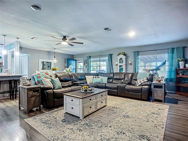 9616 Oak Ridge Ave, Riverview, FL 33578 - living room featuring visible vents, wood finished floors, and ceiling fan