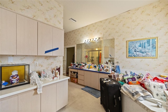 13750 Dowling Ln, Odessa, FL 33556 - full bathroom featuring wallpapered walls, a shower stall, and vanity