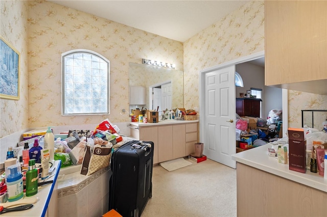 13750 Dowling Ln, Odessa, FL 33556 - bathroom featuring wallpapered walls and vanity