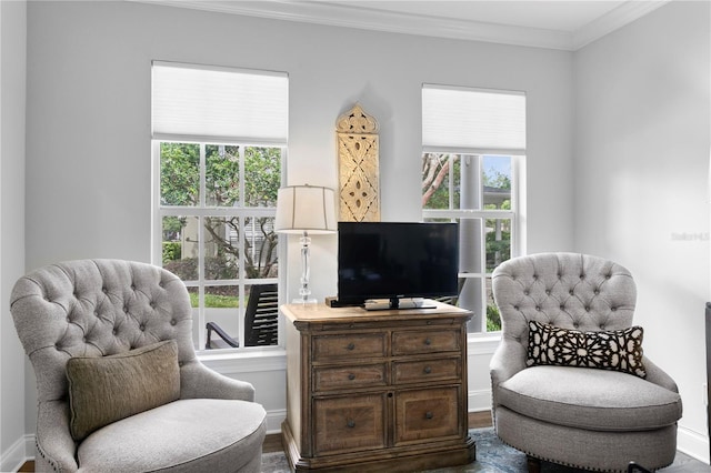 sitting room featuring baseboards and ornamental molding