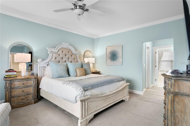 bedroom featuring ceiling fan, crown molding, light colored carpet, and baseboards