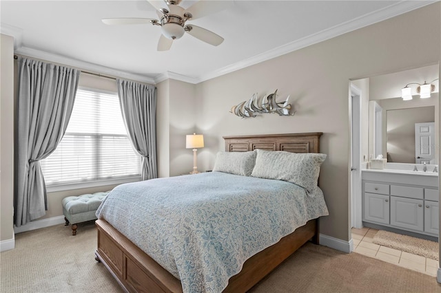 bedroom featuring ornamental molding, baseboards, light carpet, and light tile patterned floors