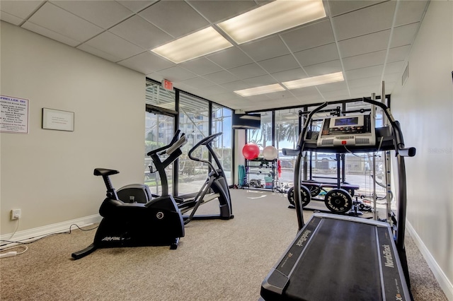 80 Rogers St Unit 2A, Clearwater, FL 33756 - exercise area featuring a wall of windows, baseboards, visible vents, carpet, and a paneled ceiling