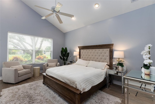 bedroom featuring high vaulted ceiling, ceiling fan, wood finished floors, and recessed lighting