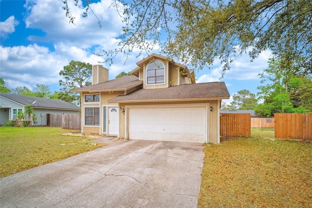 8135 Settlers Landing Trl N, Jacksonville, FL 32244 - view of front of home featuring driveway, a front yard, a chimney, fence, and a shingled roof