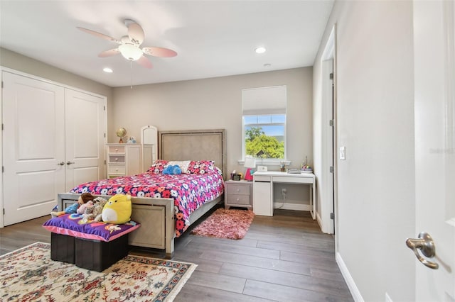 4007 W Gray St, Tampa, FL 33609 - bedroom featuring recessed lighting, wood finished floors, a ceiling fan, a closet, and baseboards