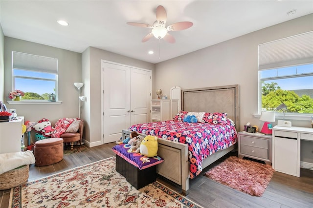 4007 W Gray St, Tampa, FL 33609 - bedroom featuring recessed lighting, a ceiling fan, wood finished floors, and a closet