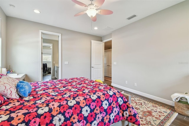 4007 W Gray St, Tampa, FL 33609 - bedroom featuring visible vents, baseboards, recessed lighting, a ceiling fan, and wood finished floors