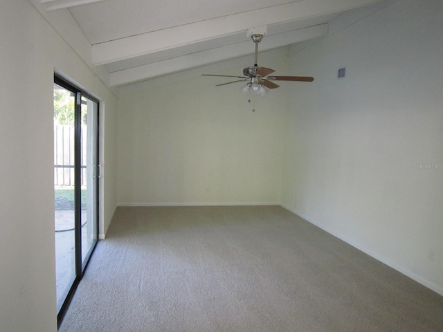 4118 Dellbrook Dr, Tampa, FL 33624 - empty room featuring visible vents, baseboards, ceiling fan, vaulted ceiling with beams, and light colored carpet