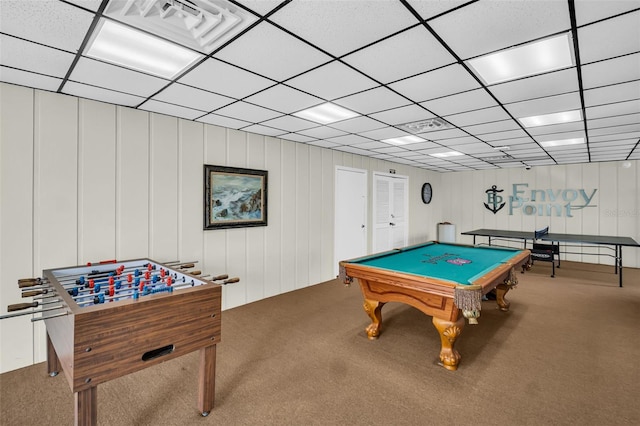 playroom with carpet flooring, visible vents, a drop ceiling, and billiards