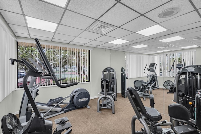exercise room featuring baseboards, carpet, a paneled ceiling, and visible vents