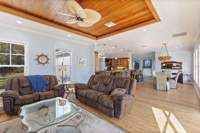 450 Bayshore Dr, Terra Ceia, FL 34250 - living room featuring a tray ceiling, visible vents, crown molding, and wood ceiling