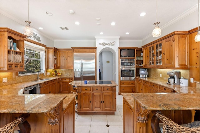 450 Bayshore Dr, Terra Ceia, FL 34250 - kitchen with light tile patterned floors, light stone countertops, appliances with stainless steel finishes, and open shelves