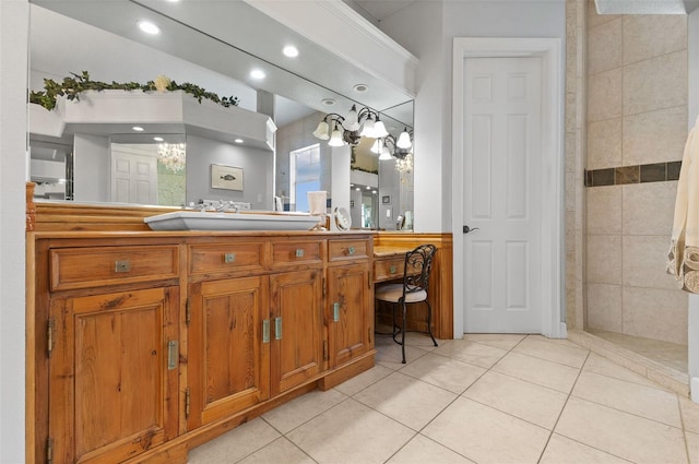 450 Bayshore Dr, Terra Ceia, FL 34250 - bathroom with tile walls, recessed lighting, tile patterned flooring, and vanity