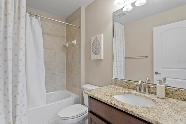 full bathroom featuring a textured ceiling, visible vents, toilet, vanity, and shower / bathtub combination with curtain