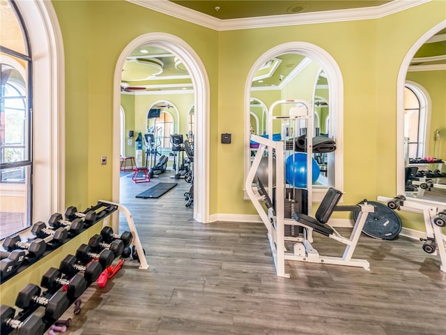 2709 Via Cipriani Unit 522B, Clearwater, FL 33764 - workout area with ornamental molding, baseboards, arched walkways, and wood finished floors