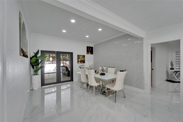 dining room featuring recessed lighting, french doors, ornamental molding, baseboards, and marble finish floor