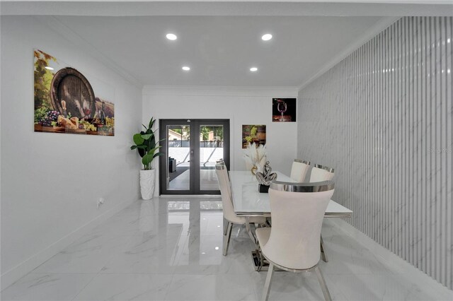 dining area featuring crown molding, recessed lighting, french doors, baseboards, and marble finish floor