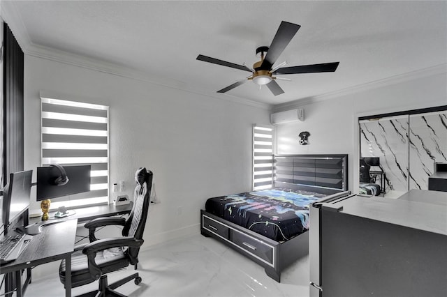 bedroom featuring marble finish floor, baseboards, an AC wall unit, ceiling fan, and ornamental molding