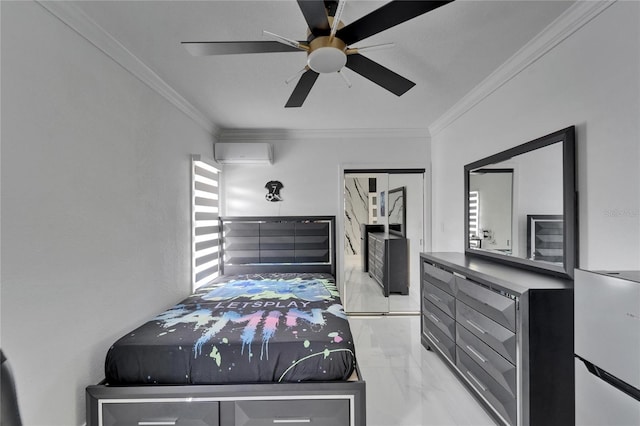 bedroom featuring a ceiling fan, marble finish floor, a wall unit AC, and crown molding