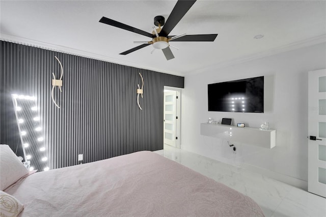 bedroom featuring baseboards, marble finish floor, a ceiling fan, and crown molding