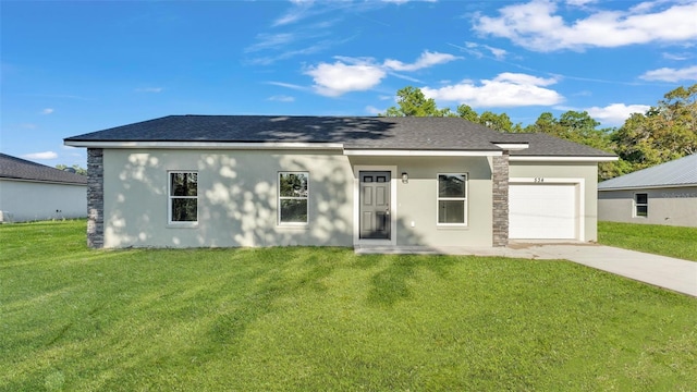 single story home with stucco siding, roof with shingles, an attached garage, driveway, and a front yard