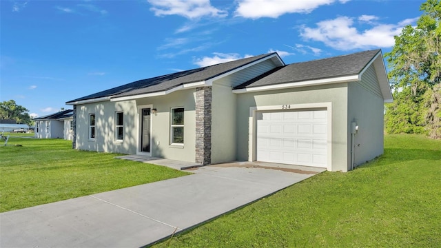 single story home featuring a front yard, a garage, concrete driveway, and stucco siding