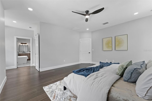 806 W Adalee St, Tampa, FL 33603 - bedroom featuring dark wood-style flooring, recessed lighting, baseboards, a ceiling fan, and ensuite bath