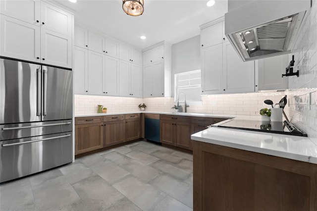 806 W Adalee St, Tampa, FL 33603 - kitchen featuring high quality fridge, backsplash, white cabinets, light countertops, and black electric stovetop