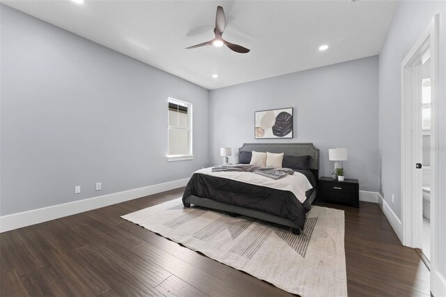 806 W Adalee St, Tampa, FL 33603 - bedroom with dark wood-style flooring, baseboards, recessed lighting, and a ceiling fan